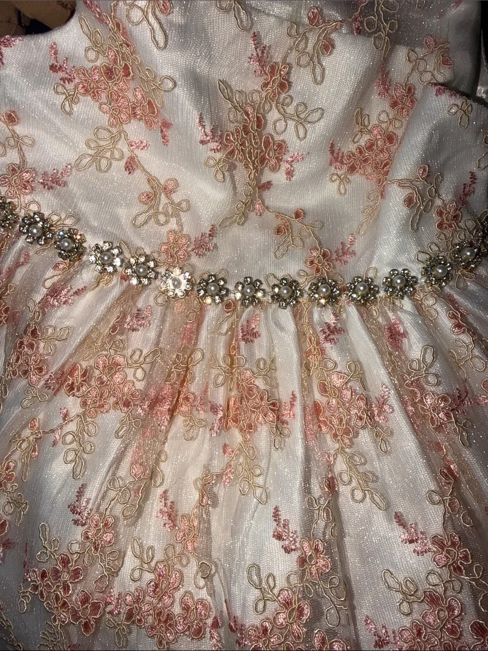 American Princess Girls Ivory Dress Peach Floral Embroidery beaded waist trim 6
